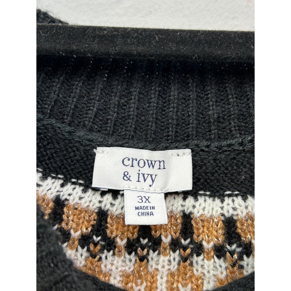 Crown & Ivy Sweater Women 3X Grey Fair Isle Metallic Scoop Neck Long Sleeve - Picture 4 of 7